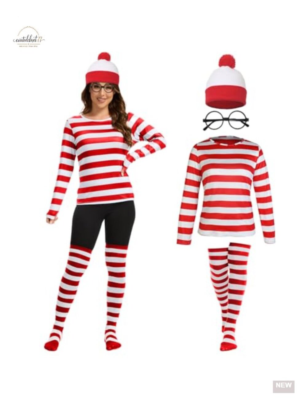 Adult Red and White Striped Funny Halloween Costume Top with Hat & Glasses